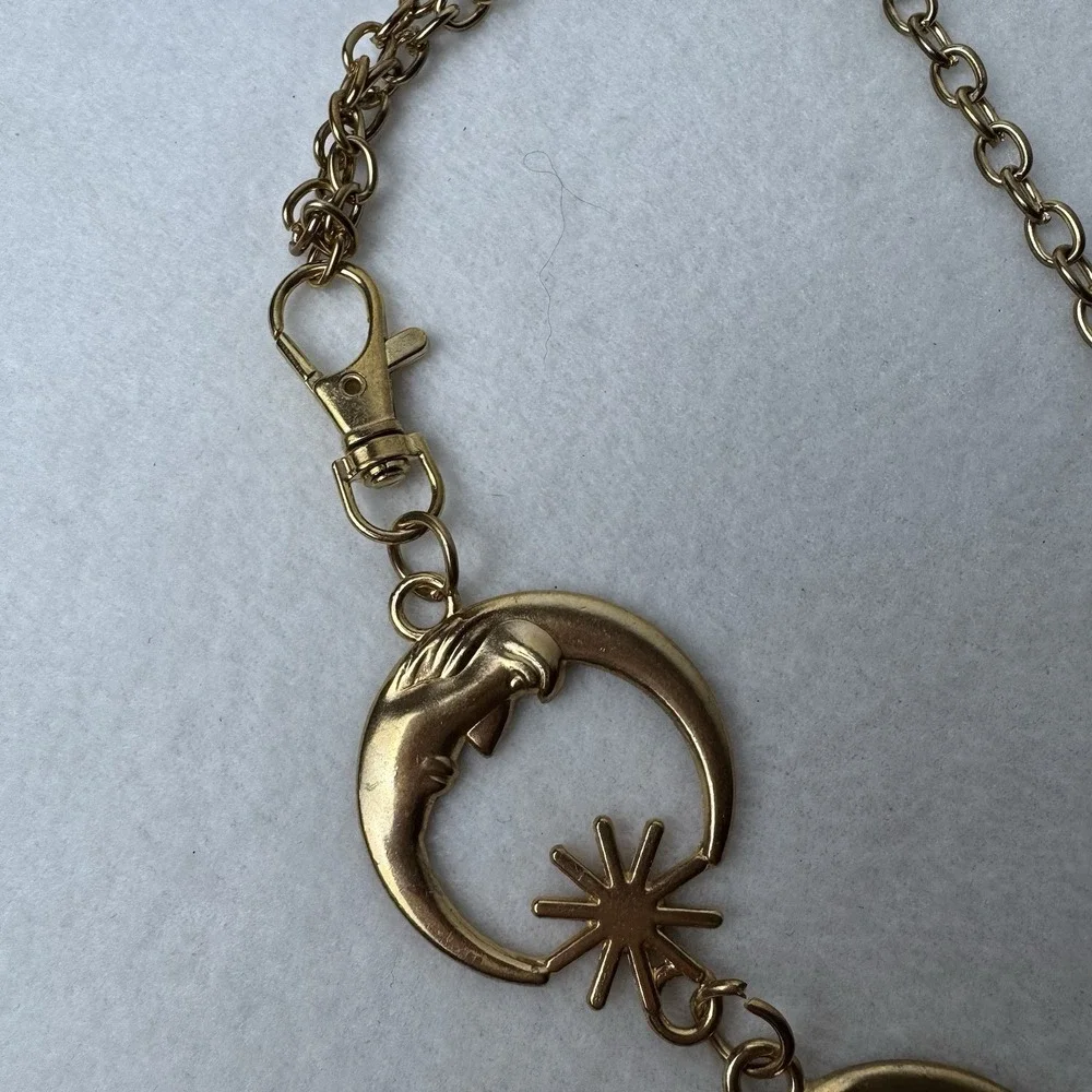 Gold Tone Celestial Crescent Moon Face Star Chain Belt Sun Charm One Size 42.5